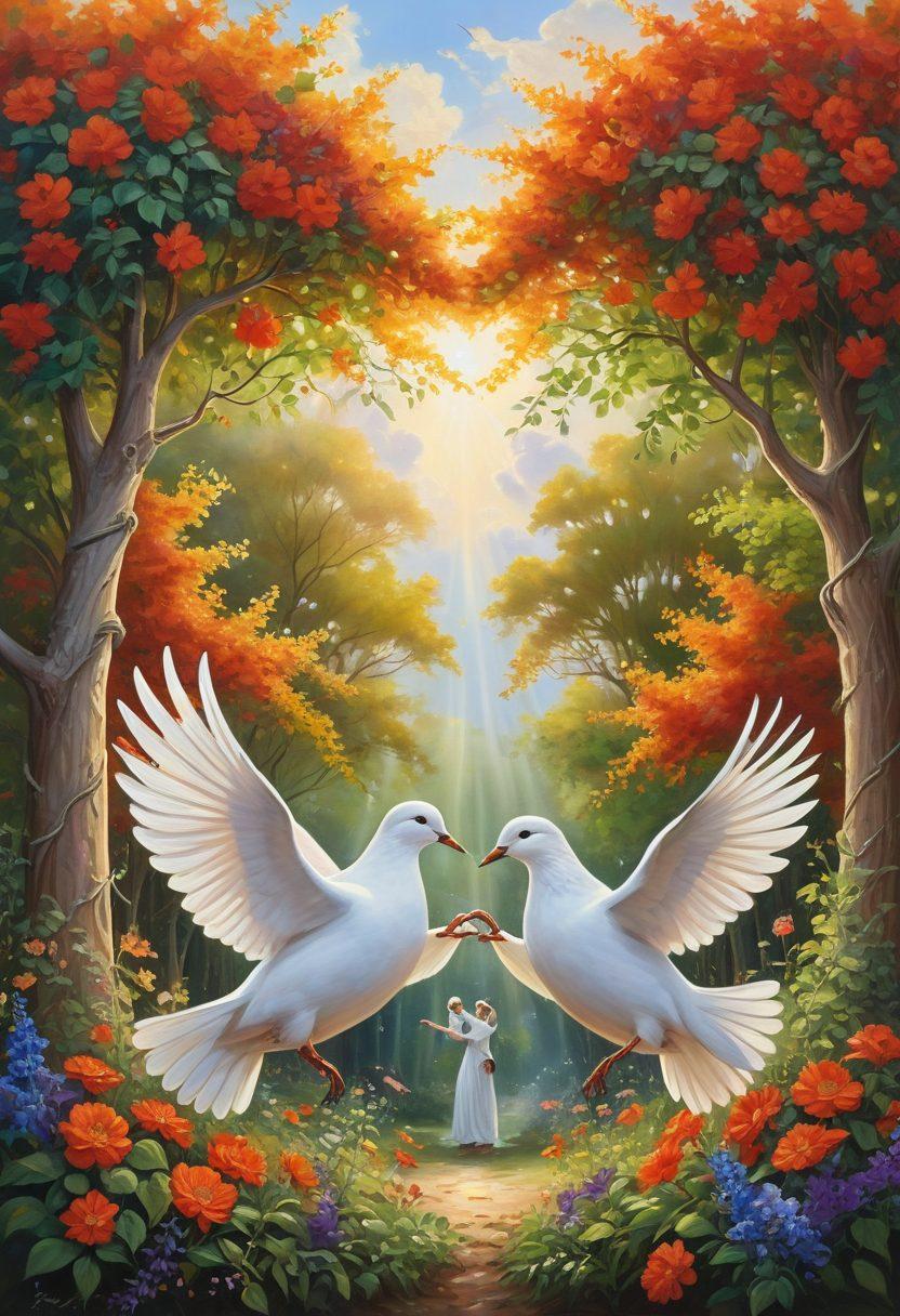 A warm and inviting scene depicting two diverse individuals shaking hands, surrounded by lush greenery symbolizing growth and connection. Above them, a heart-shaped cloud forms a subtle backdrop as doves fly around, representing peace and companionship. Soft sunlight filters through the trees, illuminating their faces with joy and trust. Artistic elements include interwoven vines and flowers that symbolize lasting partnerships. vibrant colors. painting.