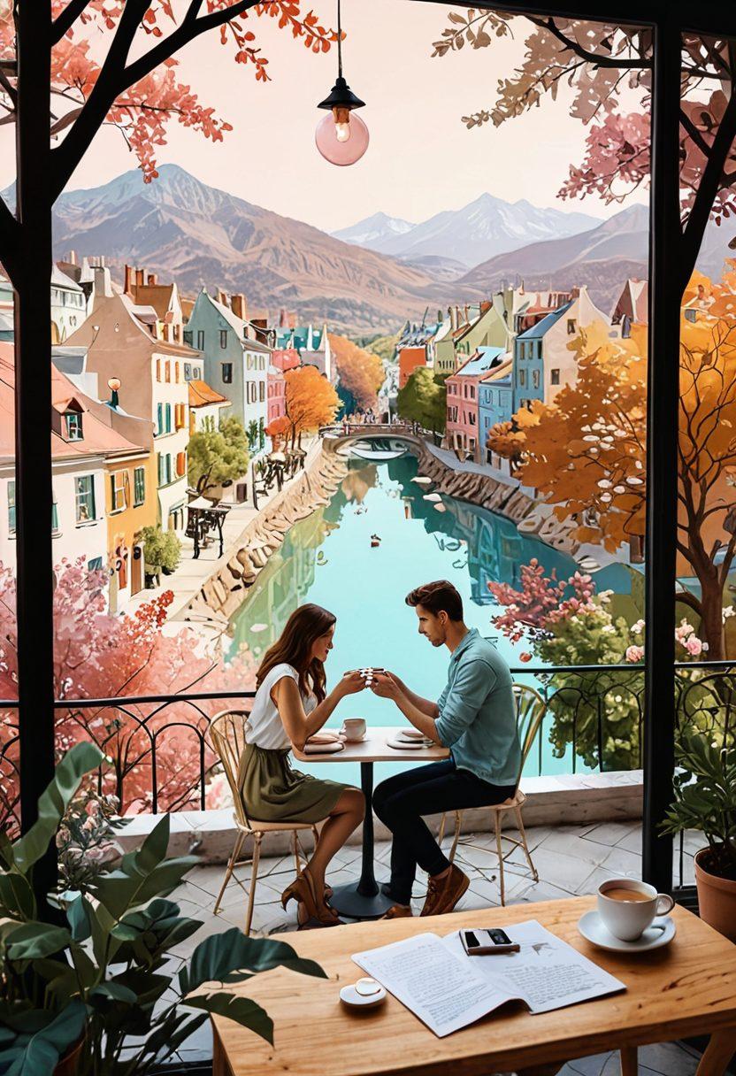A whimsical collage of vibrant scenes depicting romantic moments, such as a couple sharing a cup of coffee in a cozy café, writing love letters, and exploring beautiful outdoor landscapes. Include elements like hearts, handwritten notes, and intertwined hands to symbolize connection and storytelling. Incorporate soft pastels and warm hues to evoke warmth and intimacy. dreamy illustration. vibrant colors. 3D.